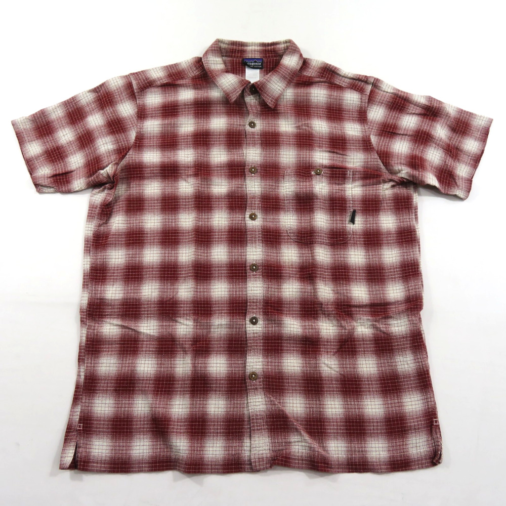 Patagonia Organic Cotton Shadow Plaid Short Sleeve Shirt Mens Sz L Rust Beige